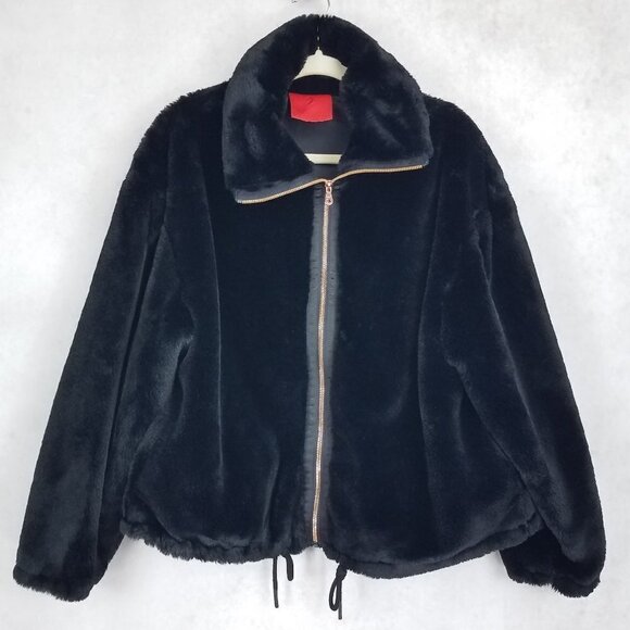 Ivy Blossom Women's XL Faux Fur Zip-up Black Bomber Jacket Pockets - Picture 1 of 8